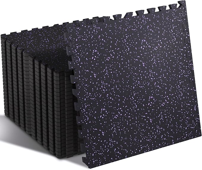 SUPERJARE 0.4'' Thick 24 Pcs 96 Sq Ft Rubber Top Exercise Equipment Mats, High Density EVA Foam Mats with Rubber Top, Interlocking Gym Flooring for Home Gym, Protective Workout Mat, Black/Purple - Bloomnest