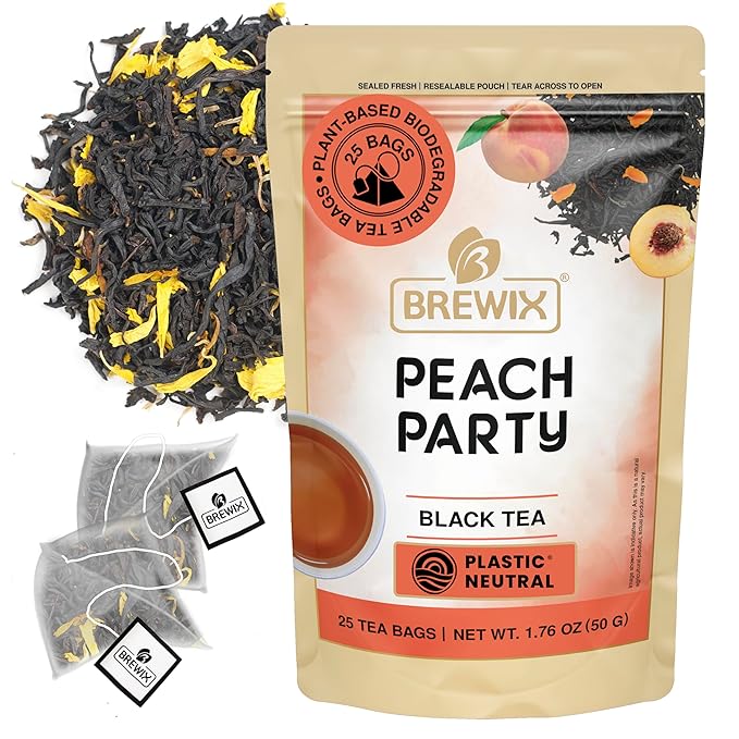 BREWIX, Peach Black Tea (25 Pyramid Bags) | Premium Black Tea with Peach | Floral & Refreshing | Iced or Hot | Caffeinated And Sugar-Free - Bloomnest