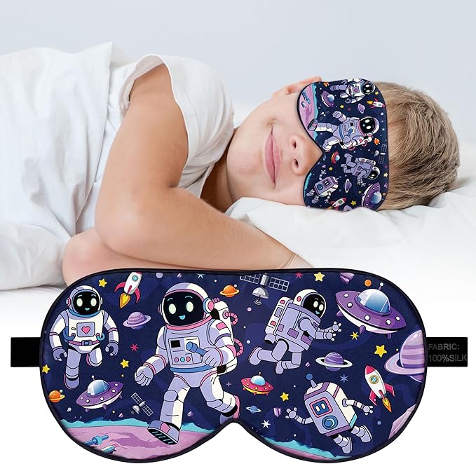 Silk Kids Sleep Mask: 100% Mulberry Silk Eye Mask, Sleeping Masks with Adjustable Strap, Soft & Light-Blocking Printed Kid Eye Cover for Boys Girls Teens Aged 5-15 (Alien Theme) - Bloomnest