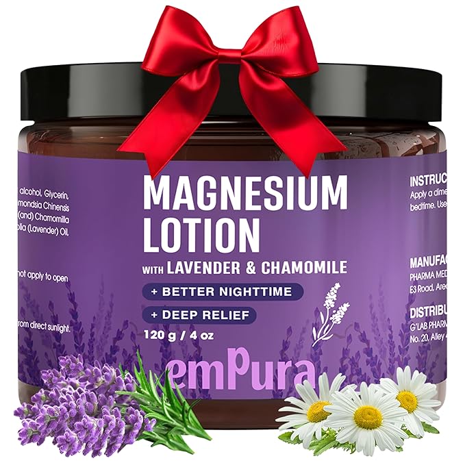 Lavender Magnesium Lotion, Nighttime Magnesium Cream with Chamomile, Shea Butter & Jojoba Oil - Muscle Relief & Relaxation for Legs, Arms, Feet - Valentines Day Gifts for Her (4oz) - Bloomnest