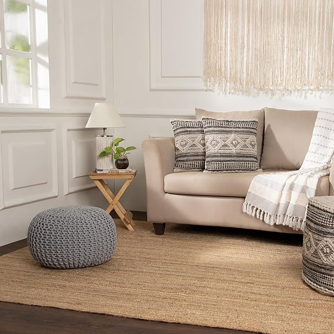 REDEARTH Round Boho Pouf Ottoman - Cable Knitted Cord Boho Pouffe - Stuffed Poof Accent Beanbag Footrest for Living Room - Nursery - Bedroom - Covered Patio - Study Nook (19.5"x19.5"x14") - Gray - Bloomnest
