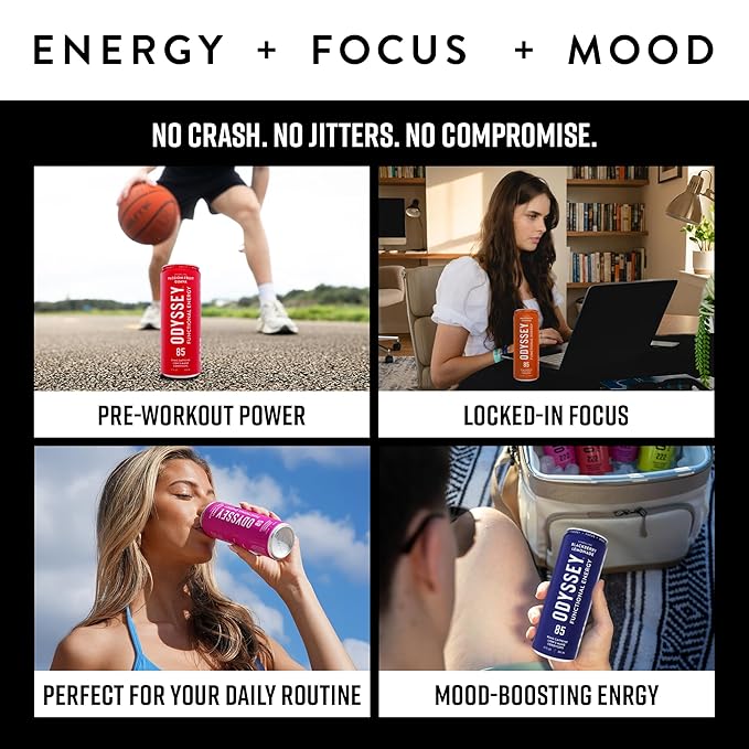 Odyssey Functional Energy Drink for Focus, Cognition & Mood Support 12 Pack - Adaptogenic Drink with 85mg Green Tea Caffeine, Lion’s Mane, Cordyceps, L-Theanine & Ginseng, Variety Pack - Bloomnest