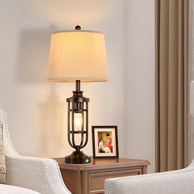 28.8" Farmhouse Table Lamps for Living Room Set of 2, 3-Way Dimmable Touch Lamps with USB Ports, Rustic Nightstand Lamps for Bedroom End Tables, Bulbs Included - Bloomnest