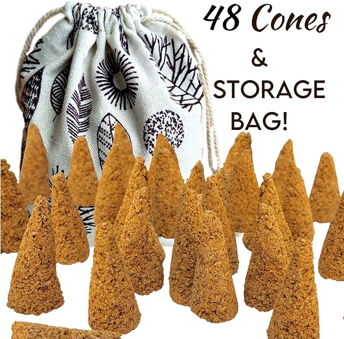 Palo Santo Cones 48 Pack w/Storage Bag, 100% Pure Wood Palo Santo Incense Cones Holy Wood Powder Ground Palo Santo Sticks, Bursera Palo Santo Smudge Cone Incense Bulk Set (Palo Santo Cones - 48) WorldlyFinds