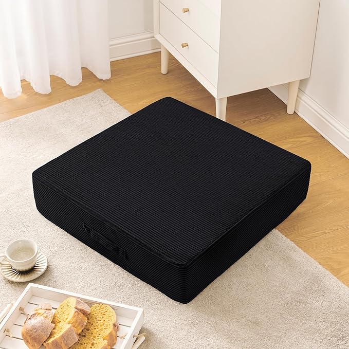 Wellsin Solid Square Floor Pillows for Adults Kids - Large Meditation Floor Pillow Seating Cushion with Thick Foam & Washable Velvet Cover, 2 Pack, 22x22x5 Inch, Black