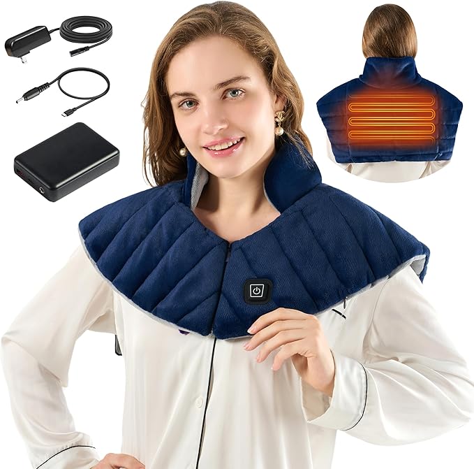 Portable Cordless Heating Pad for Neck, Shoulders & Back - Rechargeable Battery Operated Heating Pad with 3 Heat Settings, Birthday Gift for Women, Weighted Neck Warmer for Pain Relief (Navy Blue) - Bloomnest