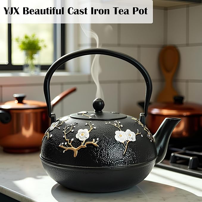 YJX 60.9oz Large Cast Iron Teapot for Stovetop, Japanese Tetsubin, Heavy and Durable Tea Pot, Tea Kettle with Stainless Steel Infuser for Loose Tea, Floral Pattern(1800ML) - Bloomnest