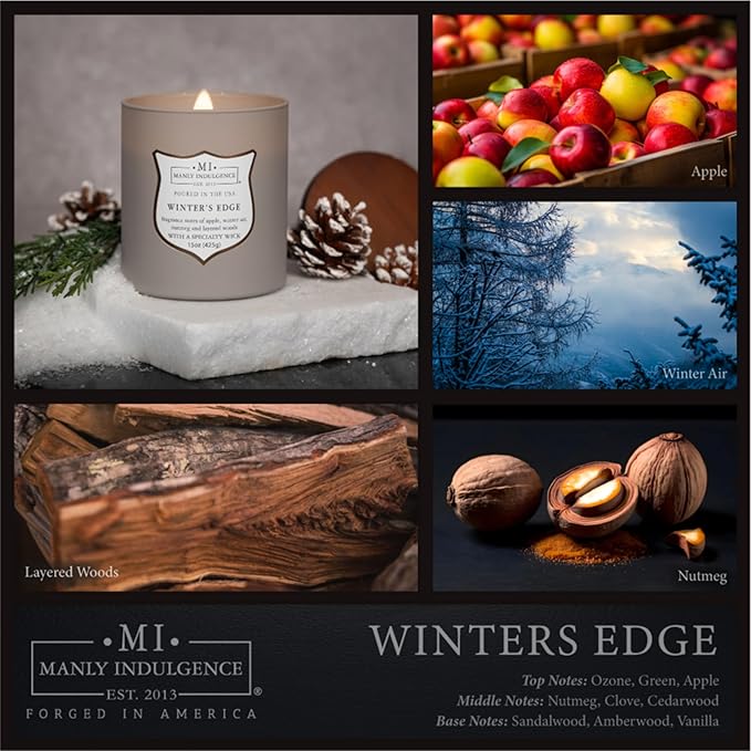 Manly Indulgence Winters Edge Scented Candles for Men, 15 oz Wooden Wick, Premium Soy Blend Wax, 60H Burn, Candles for Home Scented - Made in The USA - Bloomnest