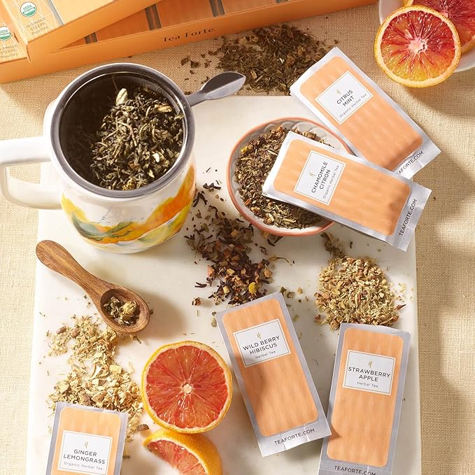 Tea Forte Herbal Tea Assortment Single Steeps Loose Leaf Premium Tea Gift Set Sampler, 15 Count 3 of Each Assorted Blends, Pre-Portioned Single Serve Pouches, Steeps 12 oz - Bloomnest