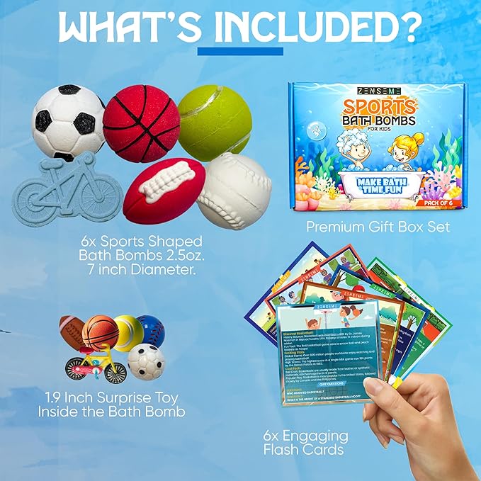 Bath Bombs for Boys W/Educational Flash Cards - Bathbombs with Toys Inside - 2.5 oz Gift Set of 6 Scented Organic Handmade with Natural Essential Oils - Sports Surprise Inside by Zenseme - Bloomnest
