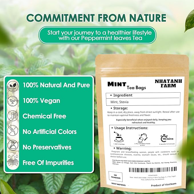 NHAT ANH FARM - Premium Peppermint Tea Bags, 40 Peppermint Tea Bags, 100% Natural Dried Mint Leaves, Naturally Sweet Herbal Tea, Sugar-Free, Caffeine-Free, No Additives. - Bloomnest