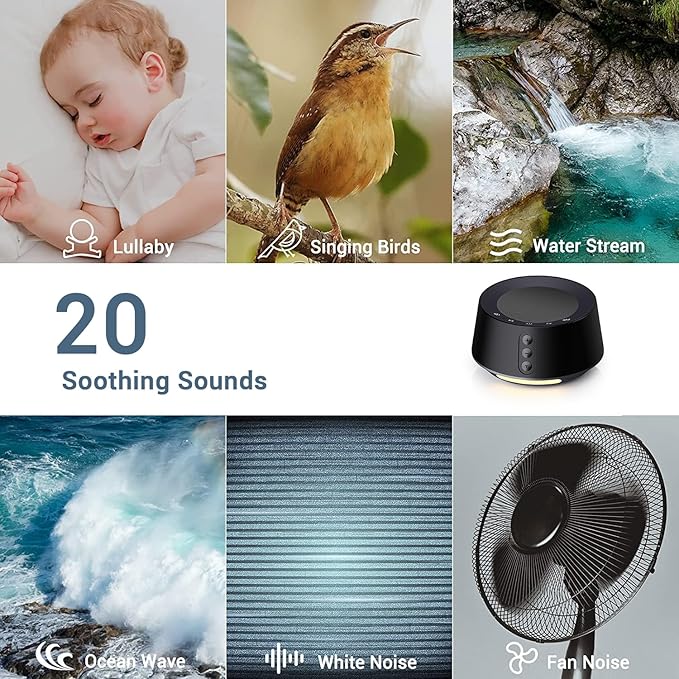 BGOVERSS White Noise Sound Machine with 20 Soothing Sounds, 10 Colors Night Light Sleep Machines Home Office Travel, 5 Timers and Memory Feature Sound Machine for Nursery Baby Kids Adults (Black) - Bloomnest