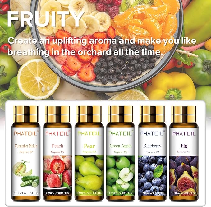 PHATOIL 9PCS Fruit Fragrance Oil Set for Soap Making Diffusers, 10ml/0.33fl.oz Cucumber Melon, Coconut & Vanilla, Peach, Pear, Green Apple, Blueberry, Apple, Fig, Lemon Fragrance Oil Essential Oils - Bloomnest