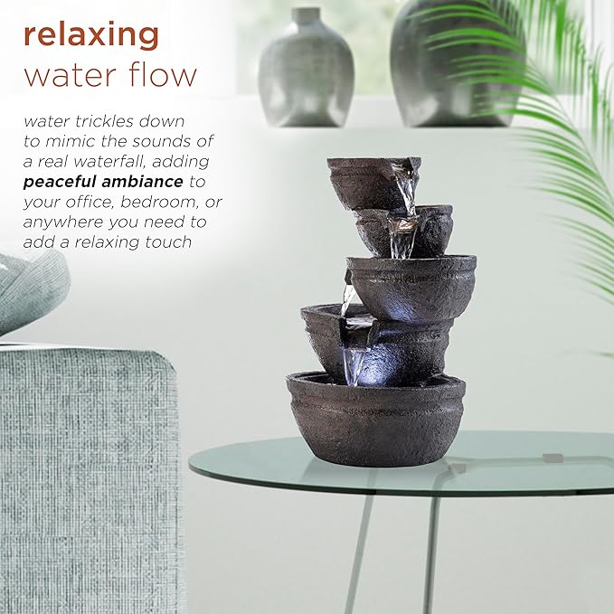 Alpine Corporation WIN1138 13" Indoor Tabletop Tiering Bowls Water Fountain with LED Lights – Cascading Water Feature for Home, Office, Meditation, and Relaxation, Dark Gray - Bloomnest