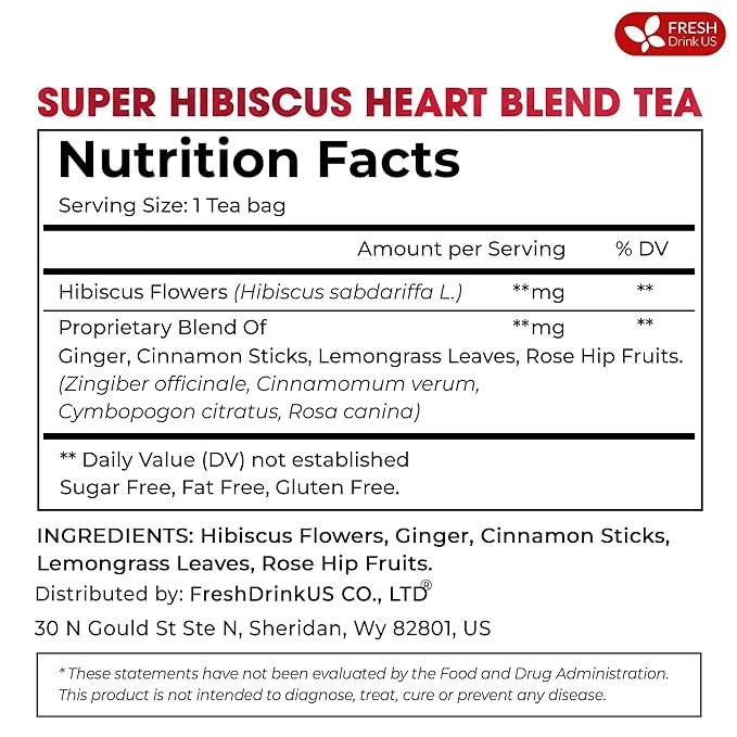 FreshDrinkUS, 60 Tea Bags Super Hibiscus Heart Blend– Herbal Tea with Hibiscus Flower, Ginger, Cinnamon Stick, Lemongrass & Rose Hip – Naturally Caffeine-Free, Sugar-Free, Vegan - Bloomnest