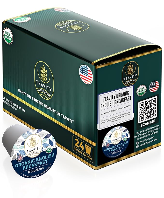 Organic English Breakfast Tea Pods for Keurig - Naturally Caffeinated Unsweetened Black Tea Pods by Teavity (24 Tea Pods) - Bloomnest