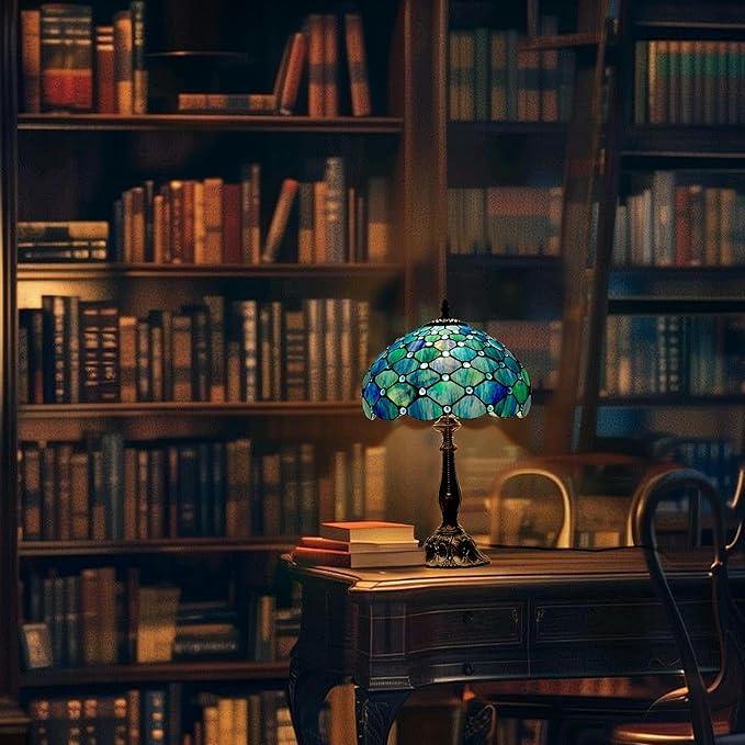 Tiffany Style Table Lamp Vintage Stained Glass Desk Lamp Sea Blue Pearls Bedside Reading Light Decor Bedroom Living Room Entry Home Office D12 xH18 - Bloomnest