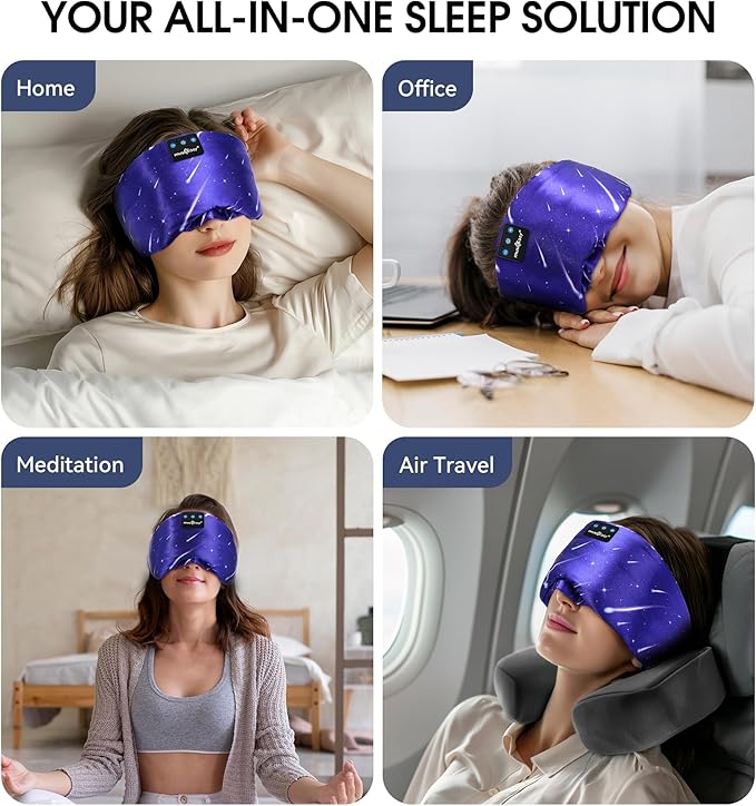 MUSICOZY Mulberry Silk Bluetooth Sleep Mask with HD Stereo Sound, Wireless Sleep Headband Headphones for Side Sleepers, Adjustable Size, Total Light Blocking, Perfect for Travel Relaxation Sleep - Bloomnest