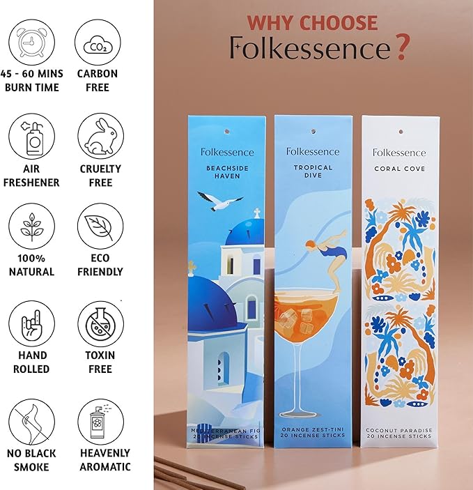 Folkulture Incense Sticks | Set of 6 Insenses (120 Sticks) with 45 Mins Burn Time | Orange Zest, Blue Oud, Aqua Crest, Coconut Paradise | Organic Mediterranean Fig Inscents, Non-Toxic Inscents-Sticks - Bloomnest