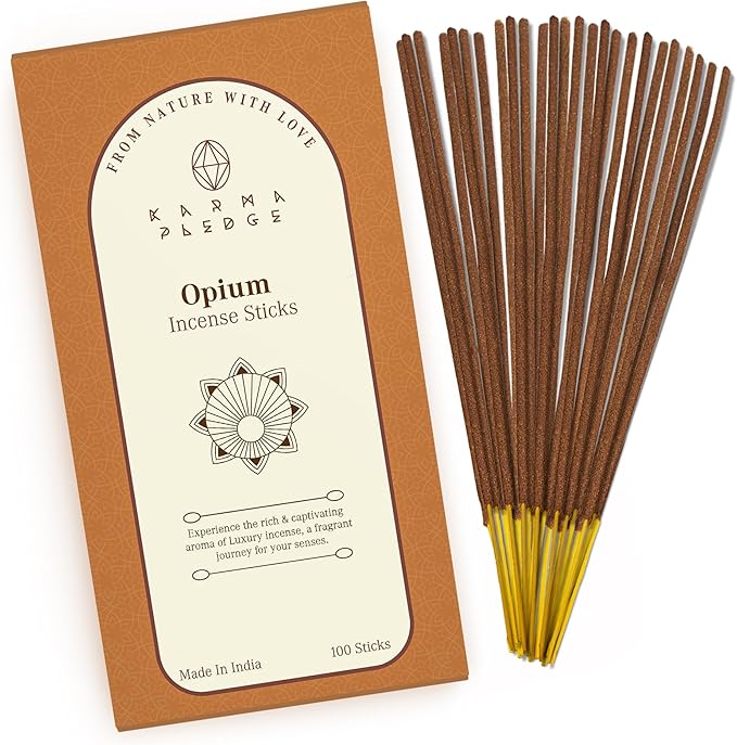 Opium Incense Sticks, Organic Hand Dipped 100 Sticks with Natural Herbs & Aromatic Ingredients, Burn Time 45 to 60 Minutes, Incense for Positivity, Yoga, Meditation, Relaxation, Spiritual Gift KARMAPLEDGE