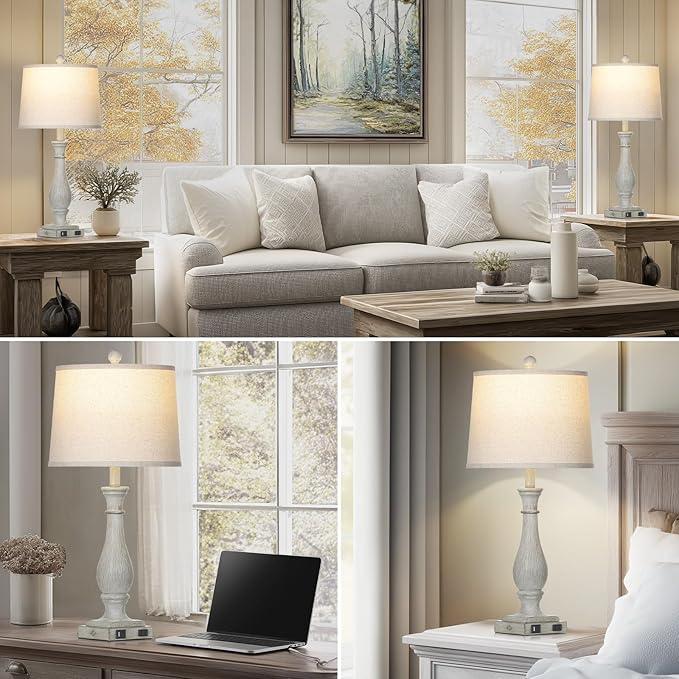 27.5" Grey Farmhouse Lamps Set of 2, Vintage Living Room Table Lamps with USB C+A Ports & AC Outlet, 3-Way Touch Control Bedside Lamp, Rustic Resin Bedroom Lamp for Nightstand Side Table Desk - Bloomnest