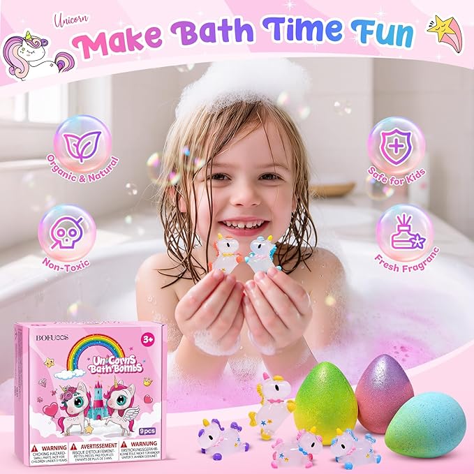 Unicorn Bath Bombs with Surprise Toys Inside, 9 Packs Bubble Bath Bomb for Kids Girls, Christmas Birthday Gifts for Girls, Stocking Stuffers for Kids (36+ Months) - Bloomnest