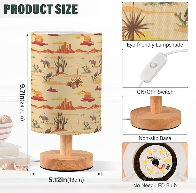 Table Lamp Vintage Desert Sunset Pattern Cactus Mountain Cowboy Horse Turkey Nightstand Lamp with Wood Base Fabric Lamp Shade Bedside Desk Lamp for Living Room Bedroom Kids Room Office - Bloomnest