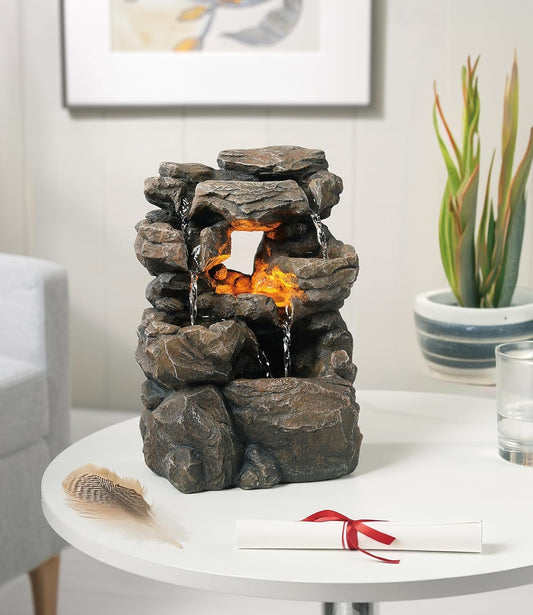 Cascading Indoor Tabletop Water Fountains with LED Light - Rockery Waterfall Fountain - Quiet and Relaxing Water Sound - Small 9.7 Inch Desktop Size - Home/Office Decor