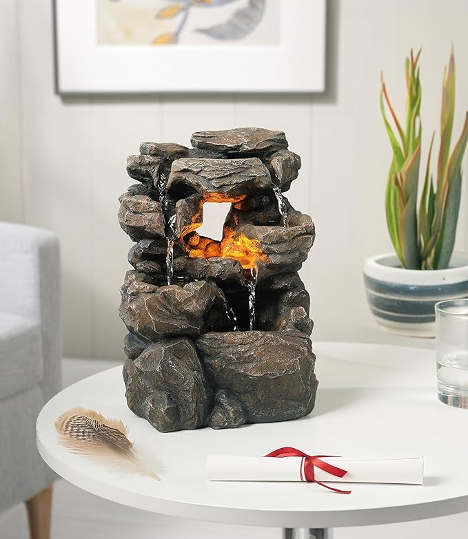 Cascading Indoor Tabletop Water Fountains with LED Light - Rockery Waterfall Fountain - Quiet and Relaxing Water Sound - Small 9.7 Inch Desktop Size - Home/Office Decor - Bloomnest