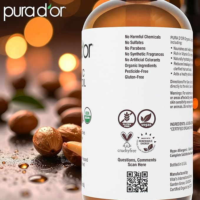 PURA D'OR 16.9 Oz Organic Jojoba Oil (GLASS BOTTLE) USDA Certified - 100% Pure & Natural Moisturizer - Cold Pressed, Unrefined, Hexane Free Base Carrier Oil For DIY Skin Care, Hair, Face & Nails - Bloomnest