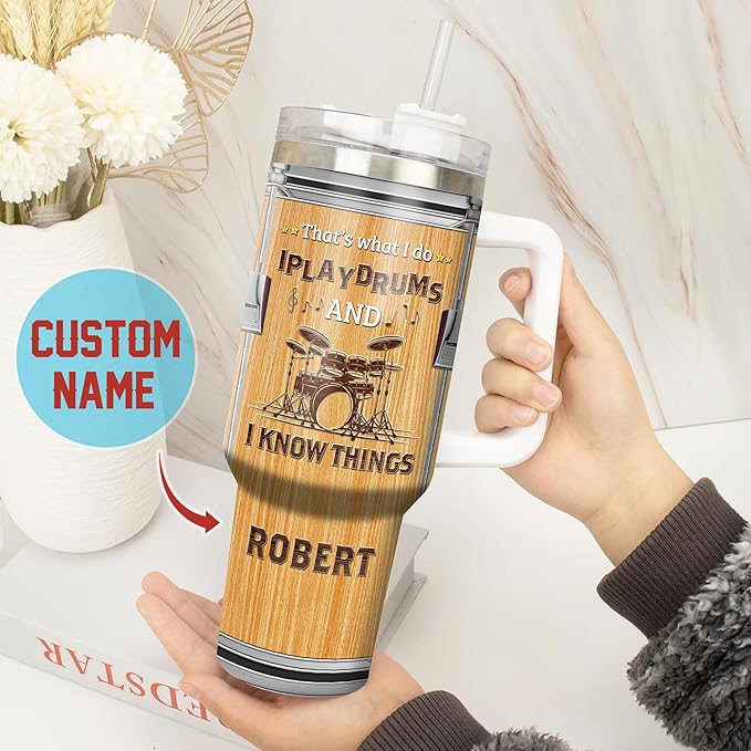 WAZONE Personalized Drummer Nutrition Facts Tumbler 40oz with Handle and Straw Custom Name I Play Drums And I Know Things Funny Saying Music Travel Mug Cool Gifts For Drummers Enthusiast Men - Bloomnest