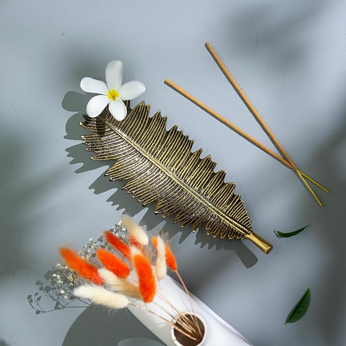 Raajsee Incense Holder Set with Nag Champa Incense Sticks 15gm, Leaf Insense-Stick Holder, Brass Incense Burner,Modern Stick Incente Holder for Yoga, Meditation,Home Décor Size 10x4 inches GOLD - Bloomnest