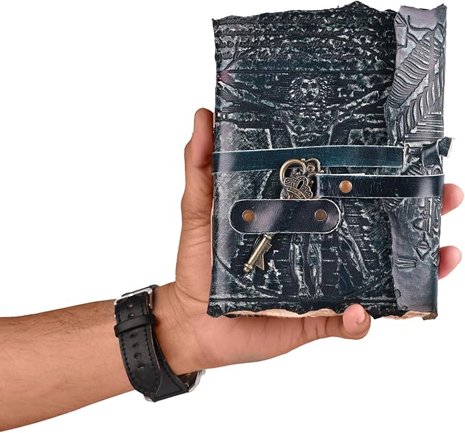 LEATHER VILLAGE Genuine Leather Handmade Journal for Men & Women – Vitruvian Man Embossed Cover – Key Closure – Book of Shadow – Vintage Deckle Edge Paper for Writing, Drawing – 7x5 Inches – Turquoise - Bloomnest