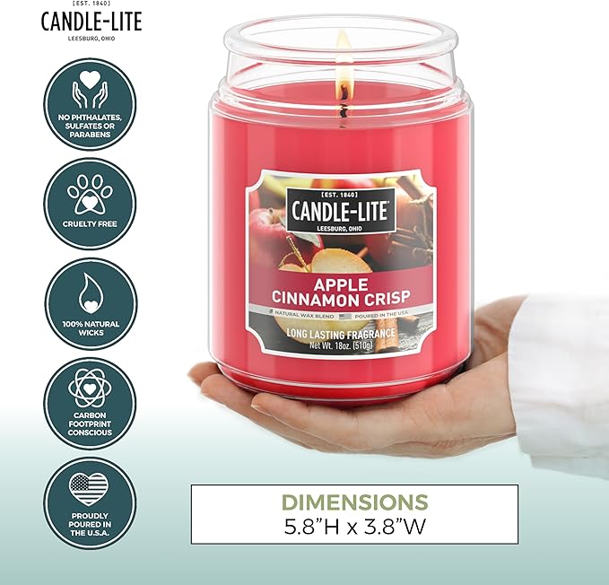 Candle-lite Fall Scented Candles, Apple Cinnamon Crisp, 18 oz Jar, Proudly Poured in The USA, Aromatherapy Candle, Single-Wick with 110 Hours of Burn Time, Perfect for Creating an Inviting Ambiance - Bloomnest