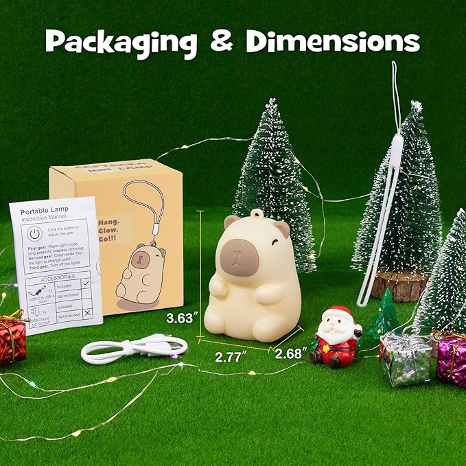Squishy Christmas Capybara Night Light with RGB Modes Dimmable Nursery Breastfeeding Nightlight Hangable Cute Novelty Animal Lamp Rechargeable Silicone Touch Bedside Lamp for Bedroom Dorm Decor - Bloomnest