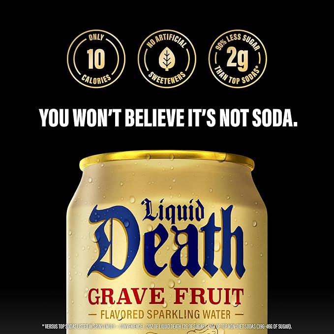 Liquid Death Soda-Flavored Sparkling Water - Grave Fruit (Grapefruit Flavor), Less Sugar*, Huge Flavor, No Caffeine, No Artificial Sweeteners, 12 Fl Oz (Pack of 12) - Bloomnest