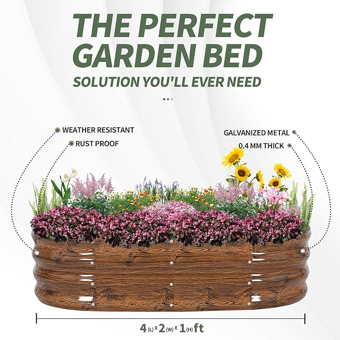 1MORE Galvanized Raised Garden Bed- Planter Garden Boxes Outdoor, Raised Beds for Gardening, 4x2x1ft Metal Garden Bed Kit for Vegetables Flower, Planter Raised Beds with Tools.Grain - Bloomnest