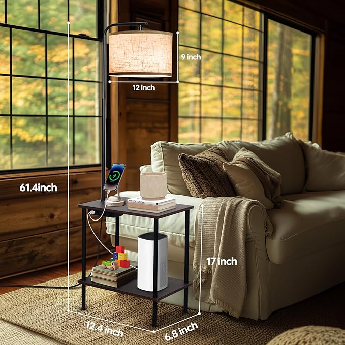 Floor Lamp with Table, End Table Lamp with USB Charging Port Power Outlet and Shelves, Side Table Reading Light with 3 Color Temperature Led Bulb Included, Floor Lamps for Living Room, Walnut - Bloomnest
