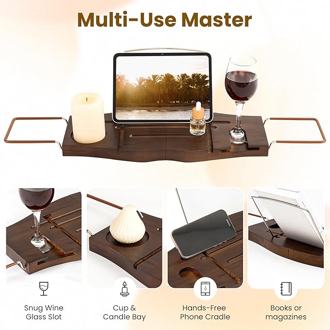 Teak Bathtub Tray Expandable Bathroom Tray for Home Spa Relaxation, Wooden Tray Caddy for Bathtub, Teak Bathtub Caddy as Unique Housewarming, Birthday, Wedding Shower Gifts. Dark Walnut - Bloomnest