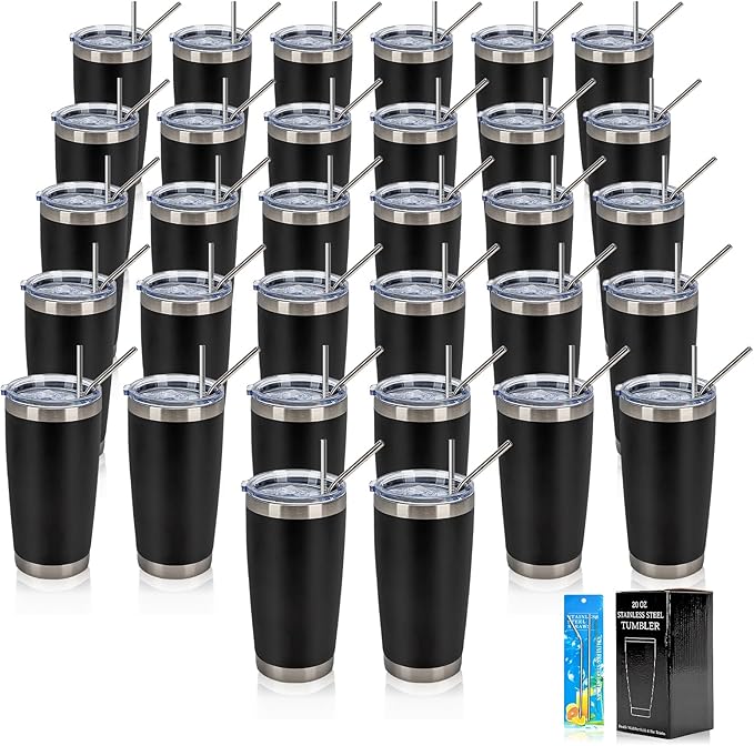 IEOVIEE 32 Pack 20oz Stainless Steel Bulk Tumblers with Lids and Straws Double Wall Insulated Travel Mug Durable Powder Coated Tumbler Bulk Cup for Cold and Hot Drinks(Black) - Bloomnest