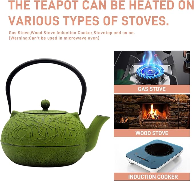 YJX 60.9oz Large Cast Iron Teapot, Big Tea Kettle for Stovetop Safe, Green Cast Iron Kettle Teapot with Stainless Steel Infuser for Loose Tea and Tea Bags(1800ml) - Bloomnest