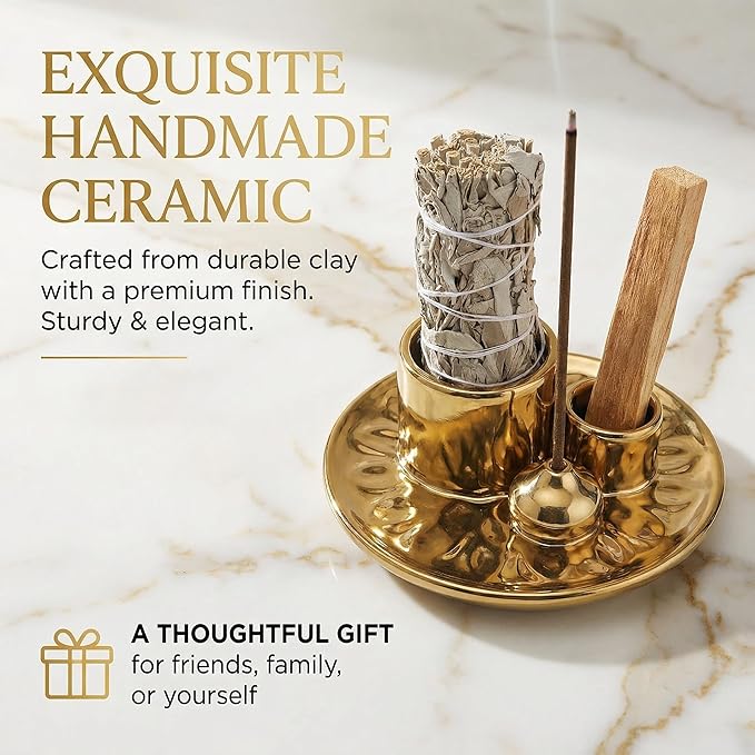 Handmade Ceramic Incense Burner for Palo Santo Incense Sticks, 4 in 1 Multi-Purpose Sage Holder for Burning, Ash Catcher Tray for Meditation Yoga Room (Golden) ToolSentryX
