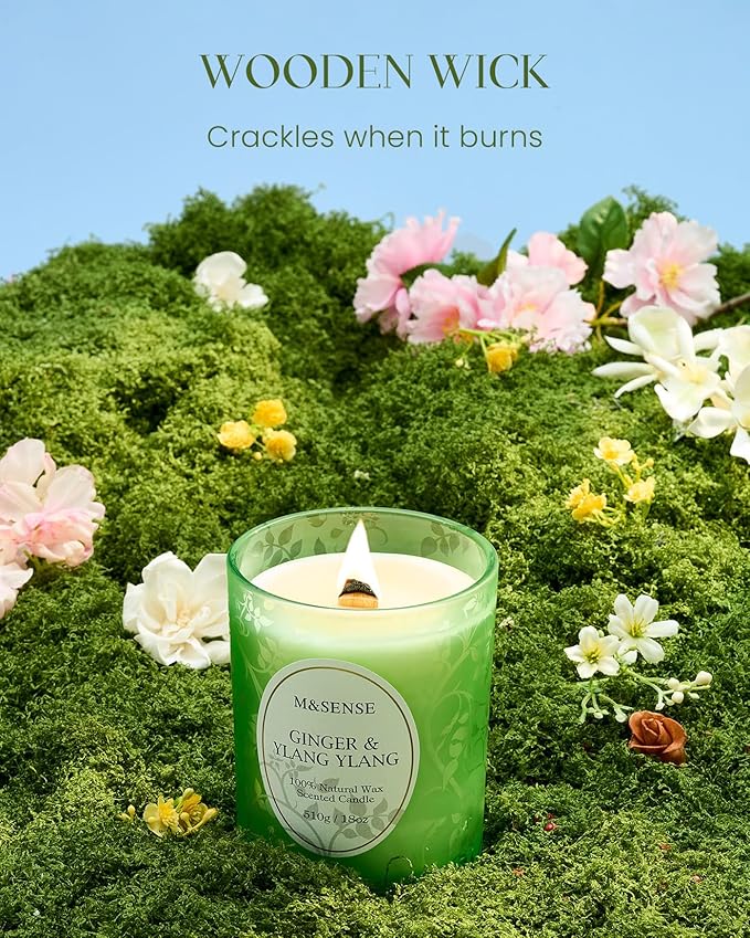 M&SENSE Ginger Ylang Ylang Scented Candle, Cracking Wooden Wick Soy Wax, 18oz 100 Hours Long Lasting Clean Burn, Large Jar Candles for Home Decor, Non-Toxic Relaxing Aromatherapy Gifts for Women - Bloomnest