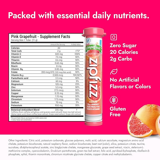 Zipfizz Daily Energy Drink Powder, Pink Grapefruit, 20 Pack | 3-in-1 Sustained Energy, Rapid Hydration, and Essential Vitamins | Sugar-Free | Electrolyte Powder | Contains Vitamin B-12 & Antioxidants - Bloomnest