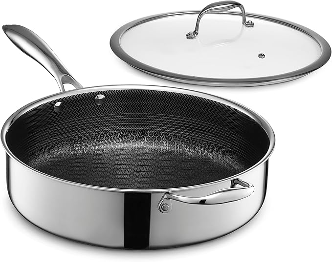 HexClad Hybrid Nonstick 5.5-Quart Deep Sauté Pan with Tempered Glass Lid, Stay-Cool Handle, Dishwasher-Friendly, Oven-Safe Up to 900°F, Induction Ready, Compatible with All Cooktops - Bloomnest