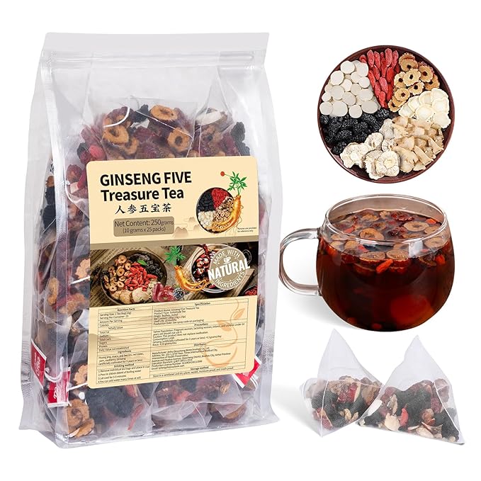 Ginseng Five Treasures Kidney Tea, Traditional Chinese Herbal TeaBags, Natural Organic Kidney Cleanse Detox Tea for Women & Men, 7 Precious Ingredients Formula(1 Pack/25 Bags) - Bloomnest