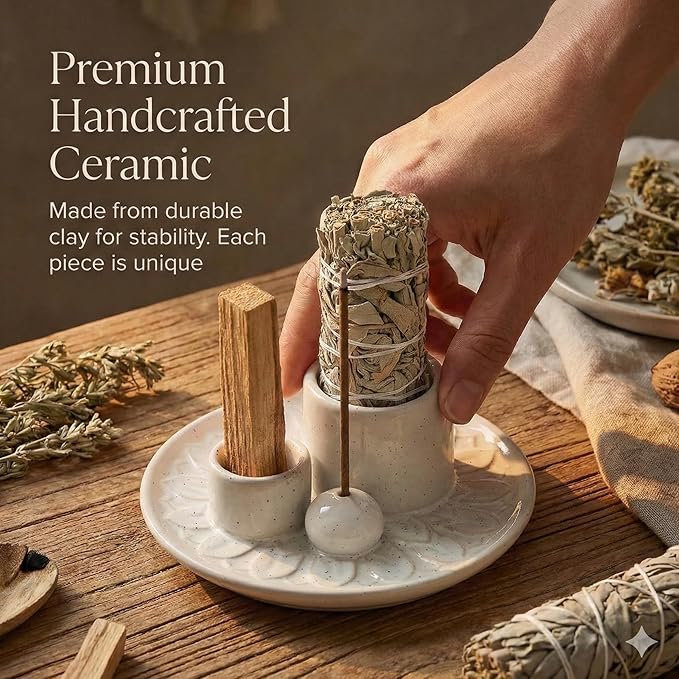 Palo Santo Sticks Holder, Multi-Purpose Handmade Ceramic Incense Burner for Palo Santo Incense Sticks, Sage Holder for Burning, Ash Catcher Tray for Meditation Yoga Room (Spotted White) ToolSentryX