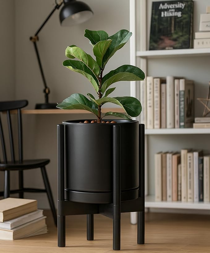 D'vine Dev Ceramic Planter with Ebony Stand - 10 Inch Modern Round Flower Pot with Wood Planter Holder, Black, 55-B-L-2 - Bloomnest