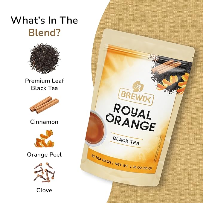 BREWIX, Royal Orange Spice Black Tea (25 Pyramid Tea Bags) | Premium Caffeinated Blend with Zesty Orange & Warming Spices | Warming Winter Blend Perfect for the Holidays | Iced Tea Bags | Sugar-Free - Bloomnest