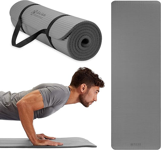 Gaiam Essentials Thick 2/5" (10mm) and Thin 1/4" (6mm) Yoga & Pilates, Fitness & Exercise Mat with Easy-Cinch Carrier Strap